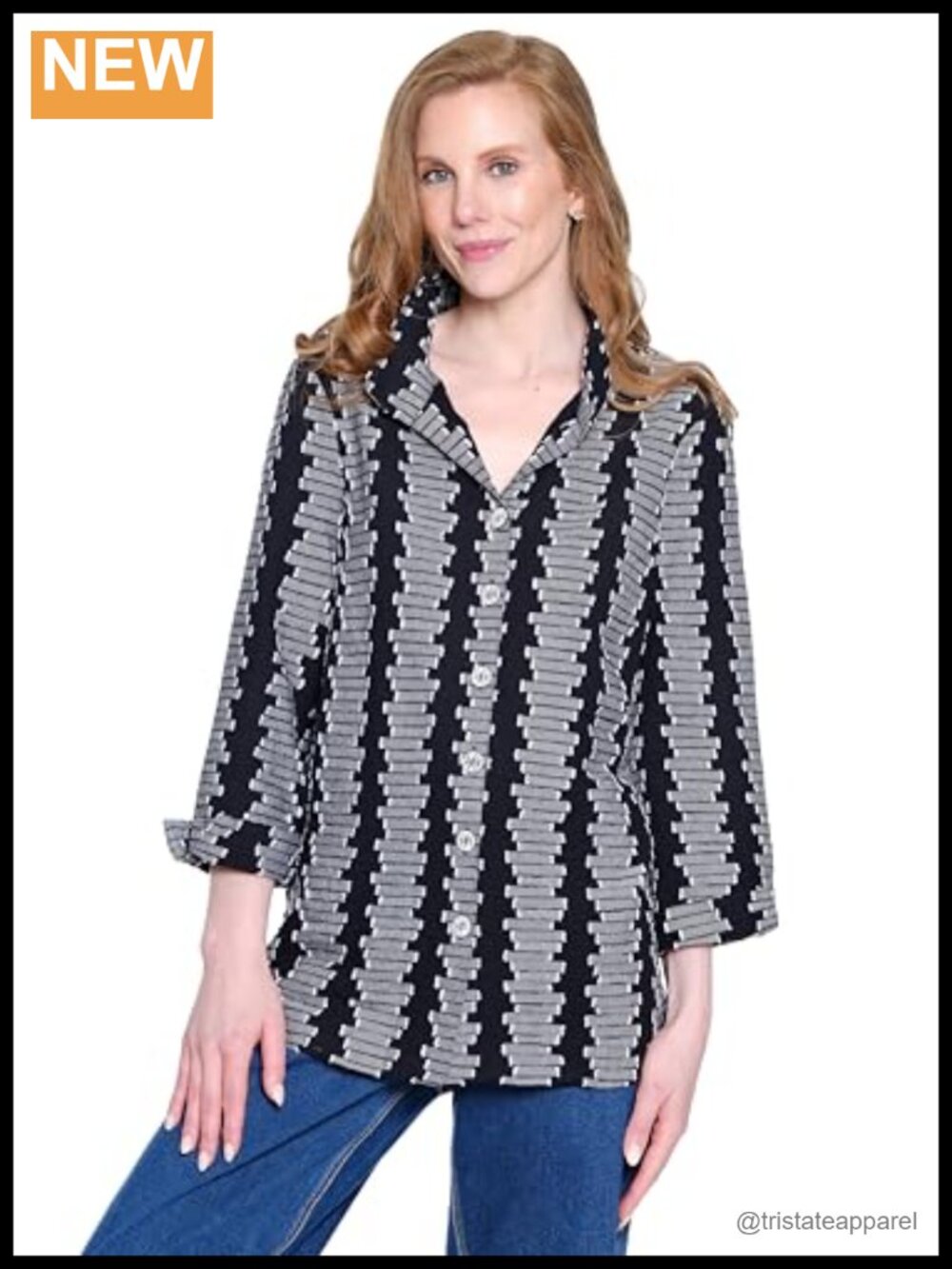 Woven Jacquard Button Front Blouse 3/4 Sleeve Cotton Spandex Womens Tunic Top